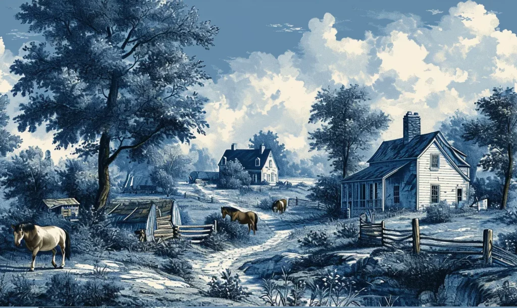 A Toile de Jouy pattern showing scenes of farm life