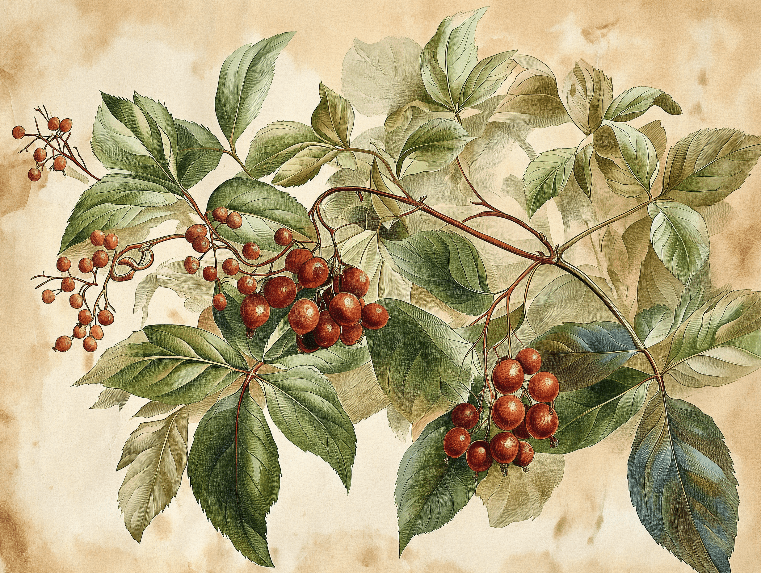 An ancient botanical illustration depicting a simple vine with leaves and berries