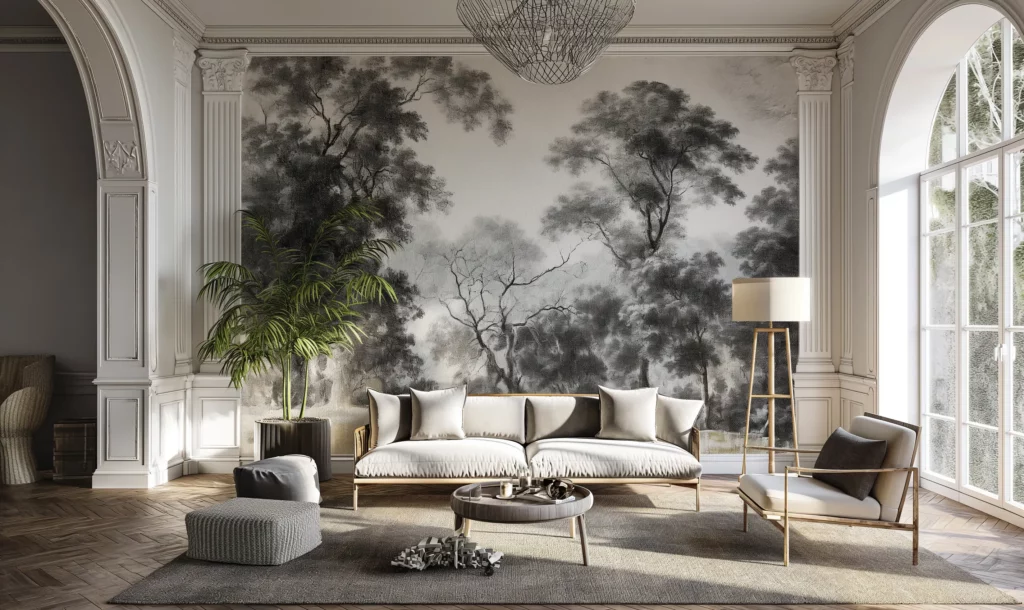 Modern Toile de Jouy living room wallpaper