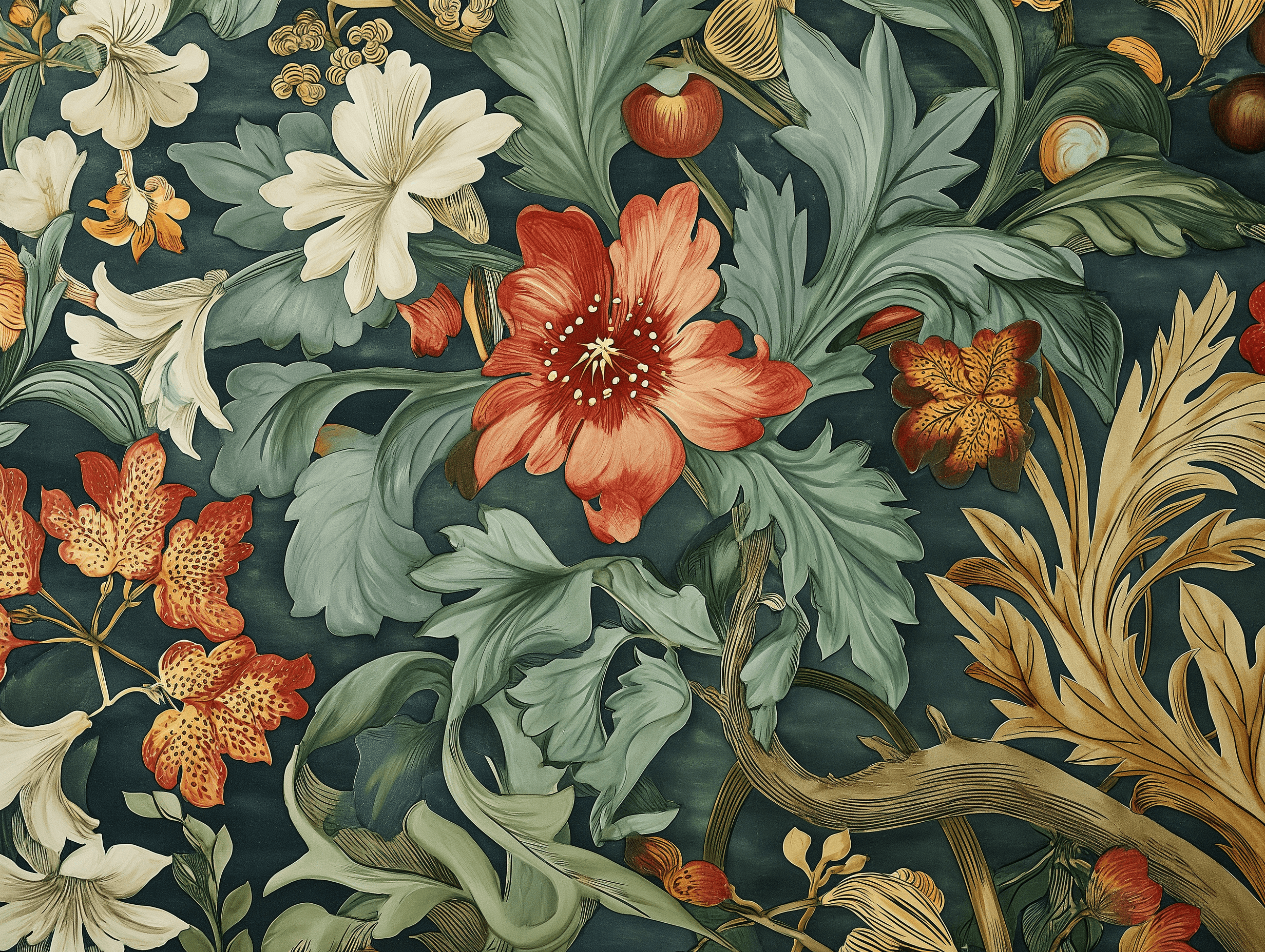 Wallpaper design by William Morris depicting floral and vine patterns