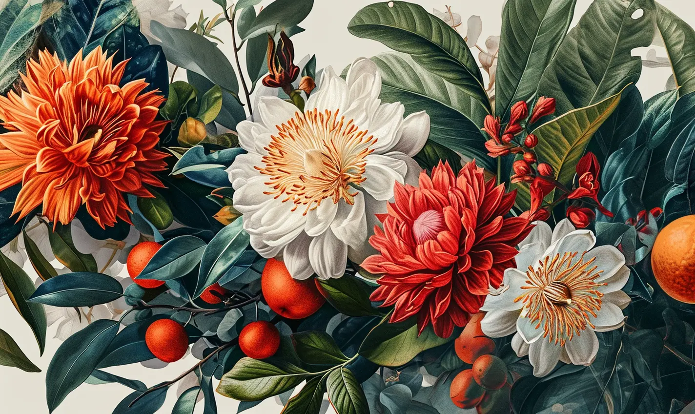 Botanical illustration of flowers and fruits